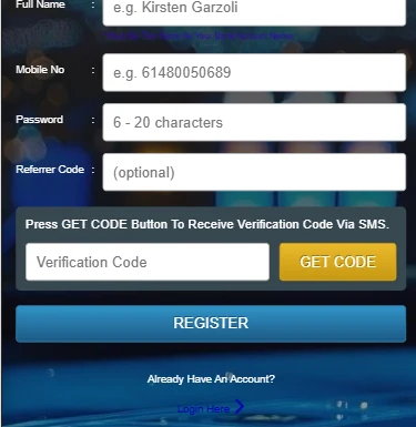 ROOSPIN registration form: Full Name, Mobile No, Password and Referrer Code fields with a GET CODE button