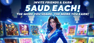 ROOSPIN referral promo banner: invite friends and earn 5 AUD each